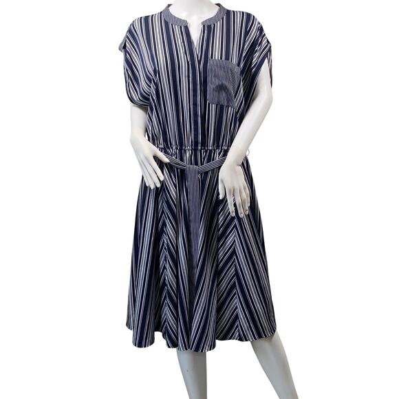 Charter Club Dress Womens Size 16W Navy Blue Roll Tab Sleeve Pockets Striped - Picture 1 of 5